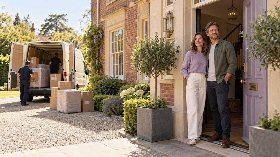 A Hoddesdon home visit — our team carrying furniture in as the homeowners welcome them at the door