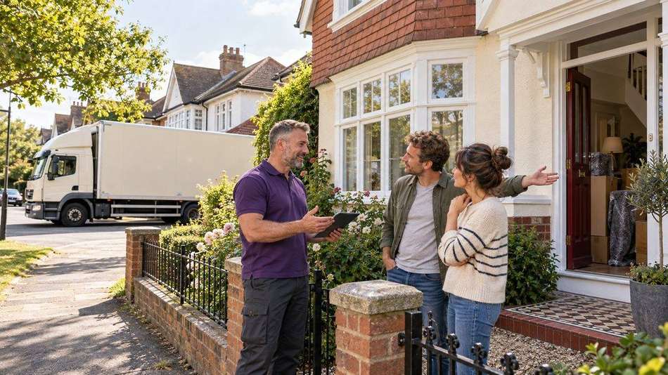 A consultant talking through a move with a couple at their front door