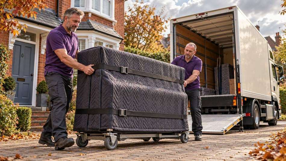 Our crew moving furniture out to the van, carefully protected