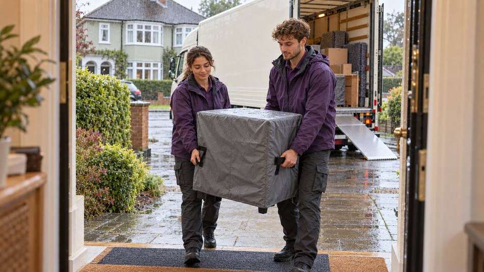 Our crew carrying a storage container in from the van, whatever the weather